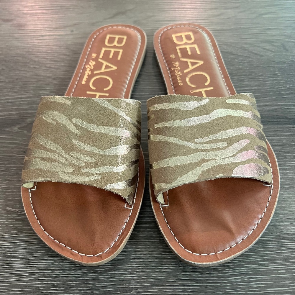 Beach by Matisse Women's 7M Zebra Metallic Gold and Tan Slide Sandals Shoes